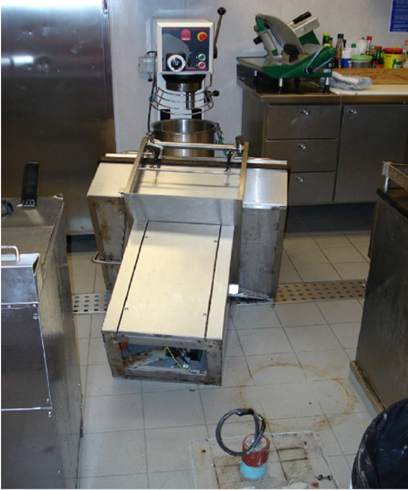 Grill fryer toppled over on floor of galley