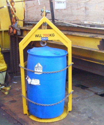 Plastic drum with curved sides held securely in appropriate lifting equipment