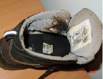 Injured person's safety shoe showing burn damage