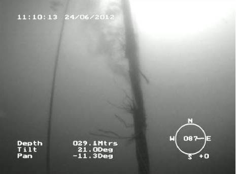 View from ROV showing damaged umbilical leaking gas