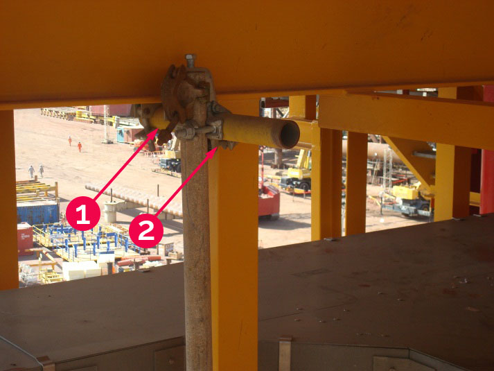 Details of scaffolding - 1) safety or check coupler; 2) support coupler