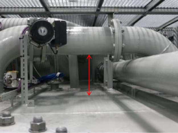 Area against which crewman was pushed by flow of water. NB height from deck to the pipe is approximately 0.35m (red arrow)