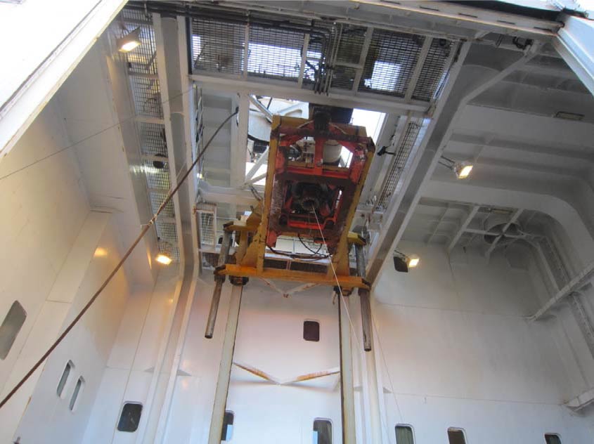 Looking to the top of the ROV hangar at the cursor and cursor winch
