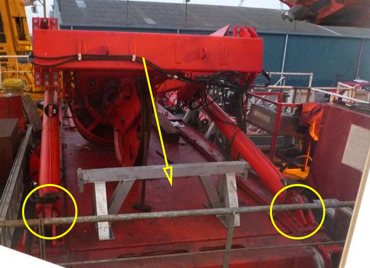 'A' frame in final position after collapse - showing where bolts were removed from feet of hydraulic rams