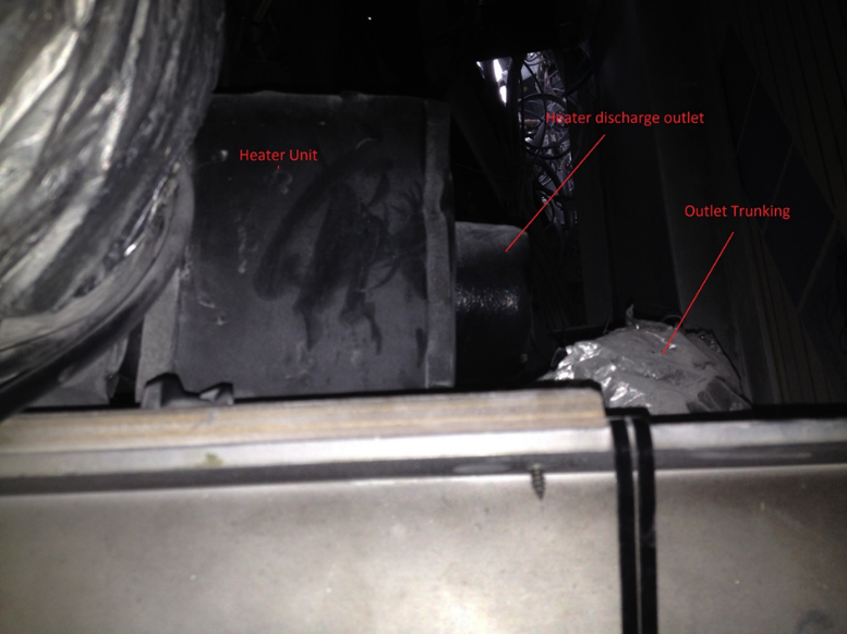 Main discharge trunking from the heater system was seen to have become disconnected from the heater