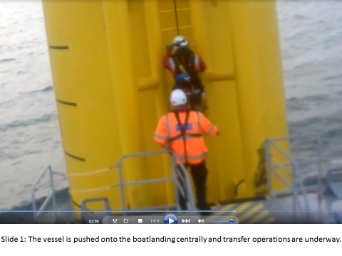 The vessel is pushed onto the boat landing centrally and transfer operations are underway