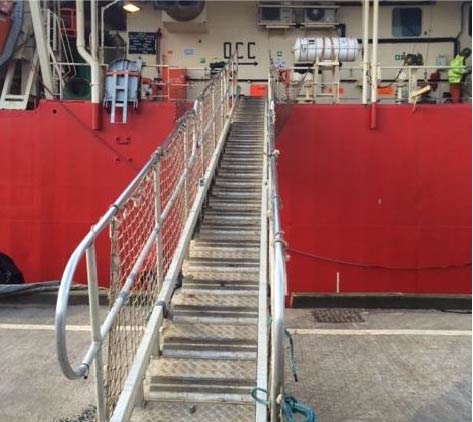 On this gangway, a security guard missed a step when making his way up the gangway. He then experienced pain and swelling to his left leg