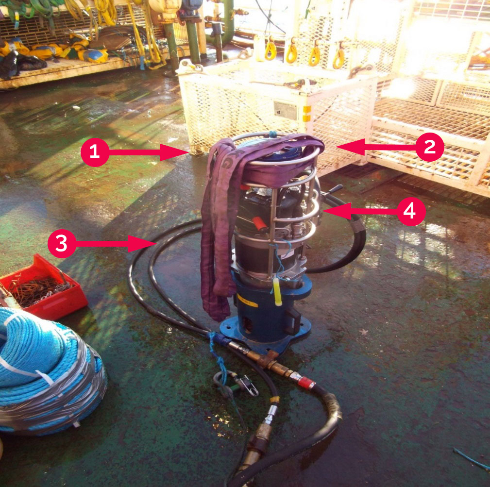 Rigging arrangement - 1) Tool rigged in basket hitch 'parallel mode'; 2) 1Te sling used for deployment and recovery; 3) Two hydraulic hoses for operation of equipment; 4) Protection frame