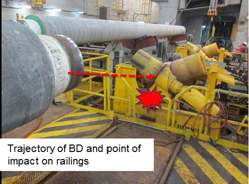Trajectory of BD and point of impact on railings