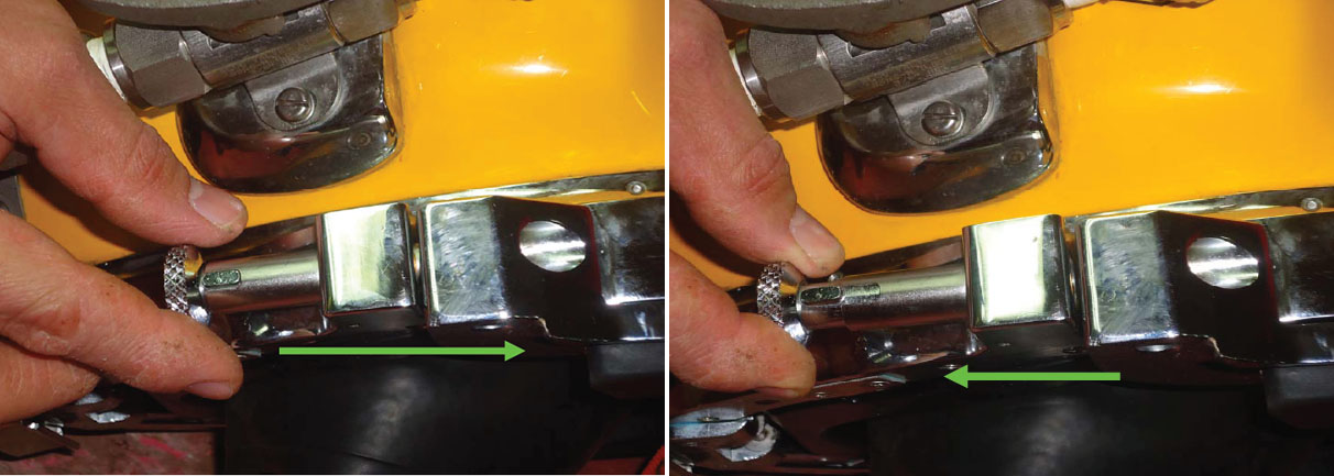Helmet/neck ring pull pin securing mechanism (L) closed position (R) open position