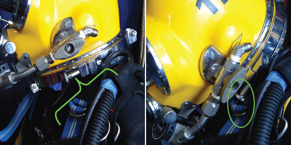 Evaluation of the bail-out system - position of helmet/neck ring pull pins in relatio nto divers harness (L) head in normal upright position (R) head bent forward, looking down