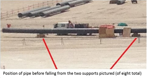 Position of pipe before falling from the two supports pictured (of eight total)